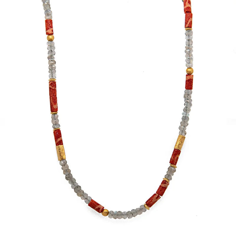 Ladies modern necklaces-Coral and Labradorite Necklace 3mm 24K Fair Trade Gold Vermeil