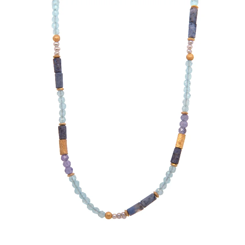 Ladies engraved necklaces-Dumortierite, Sky Blue Topaz, Tanzanite, and Pearls 3mm Necklace Fair Trade 24K Gold Vermeil