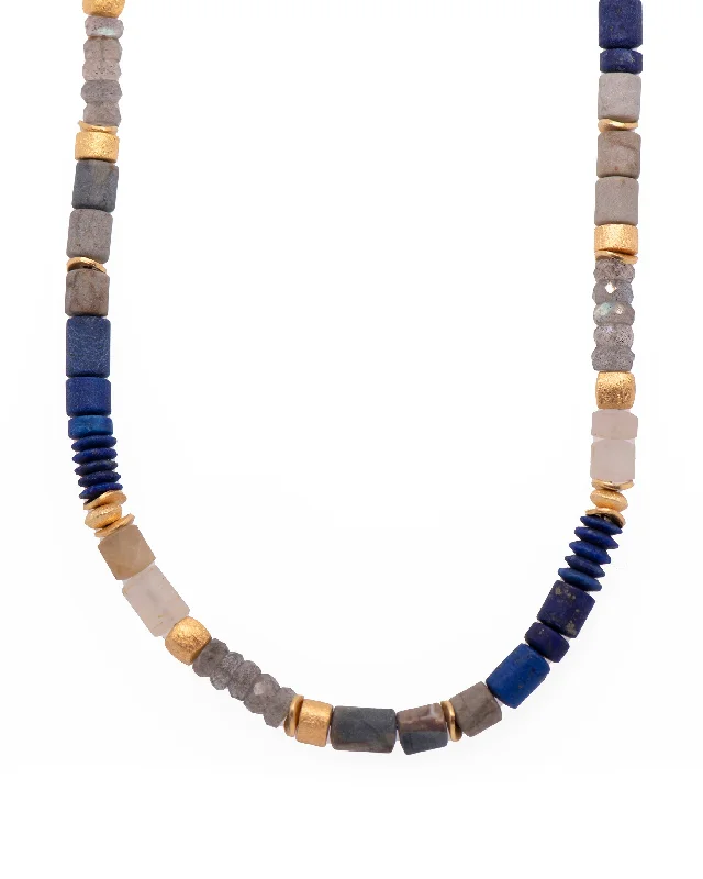 Ladies sapphire necklaces-Labradorite, Lapis, Jasper and Dendrite Necklace 5mm 24K Fair Trade Gold Vermeil