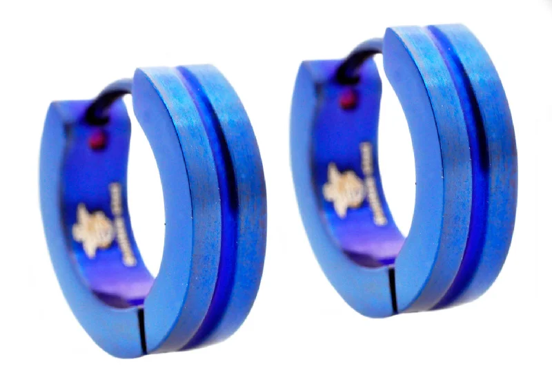 Ladies dangling earrings-Mens 14mm Blue Plated Stainless Steel Divoted Hoop Earrings