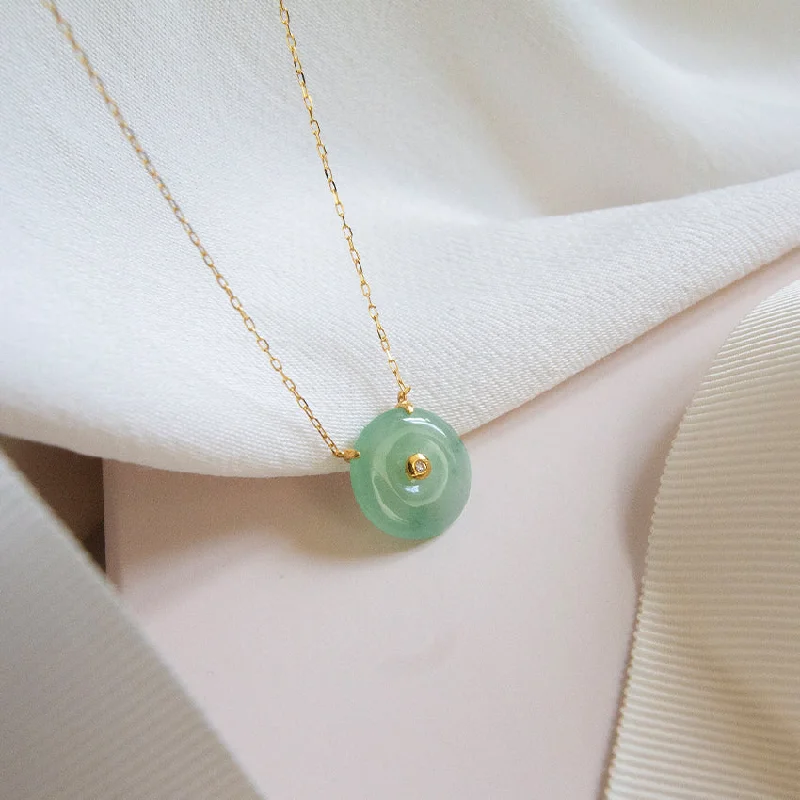 Ladies silver charm necklaces-Single Diamond with Jade Donut Necklace