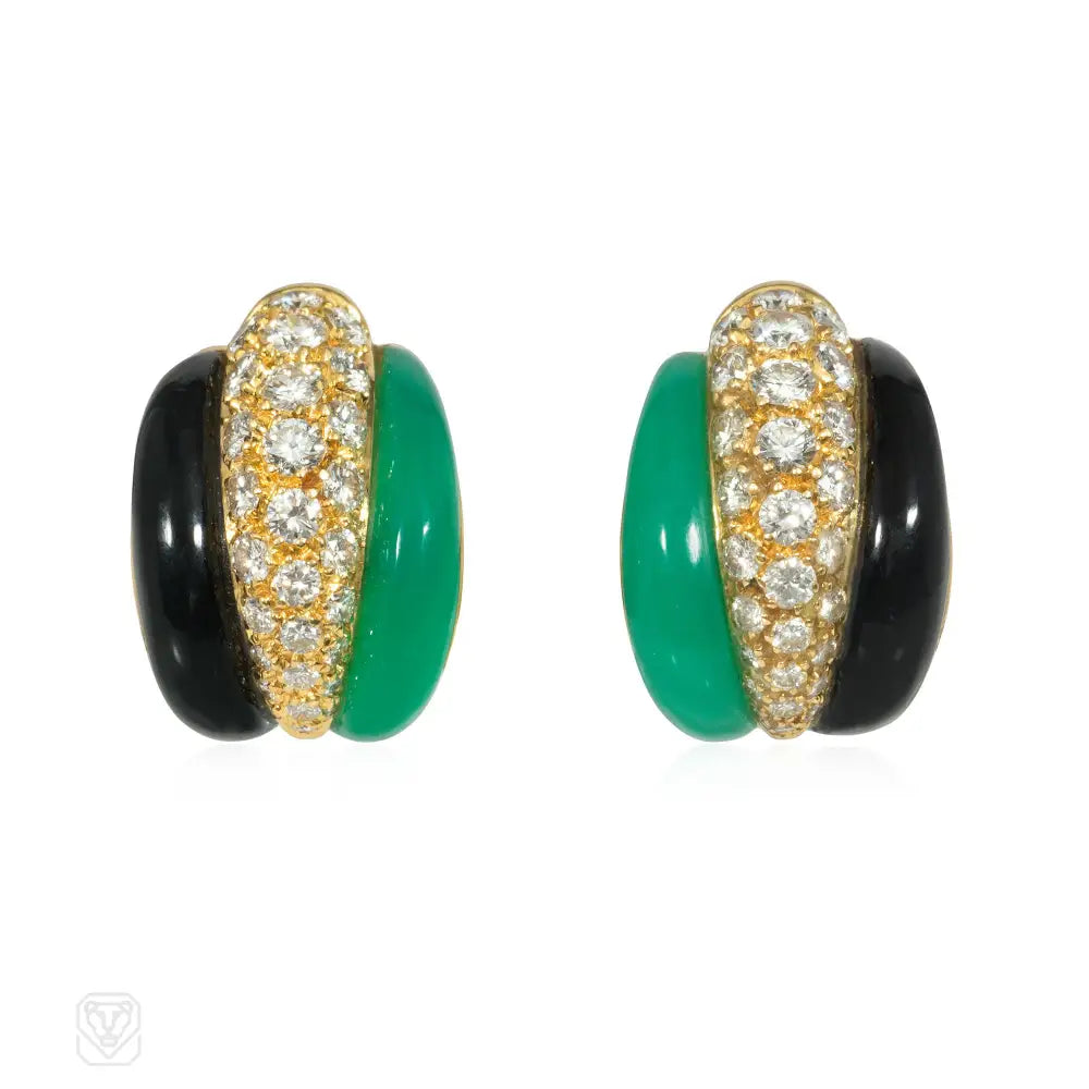 Ladies gemstone stud earrings-Van Cleef & Arpels Mid-Century diamond, onyx, and chrysoprase earrings