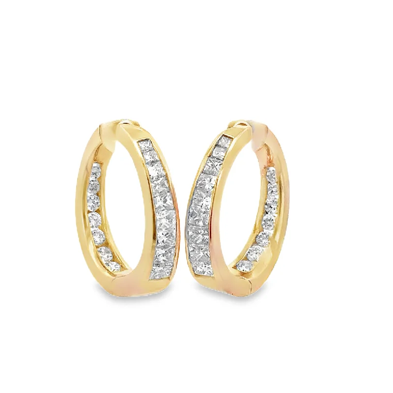 Ladies layered earrings-Princess and Round Brilliant Cut Hoop Earrings in Yellow Gold