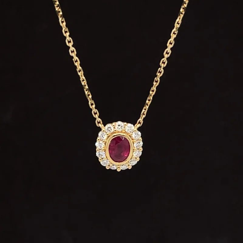 Ladies statement necklaces-Ruby Oval Solitaire & Diamond Halo Cluster Necklace in 18k Yellow Gold - #572 - NLRUB011748