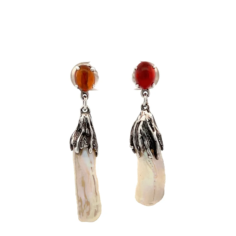 Ladies oversized earrings-Estate Sterling Silver Amber & Pearl Drop Earrings