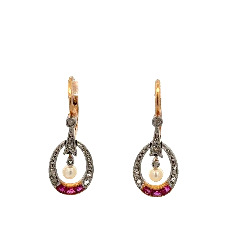 Ladies custom earrings-Edwardian Inspired Ruby, Diamond, and Pearl Earrings in Platinum & 18k Yellow Gold