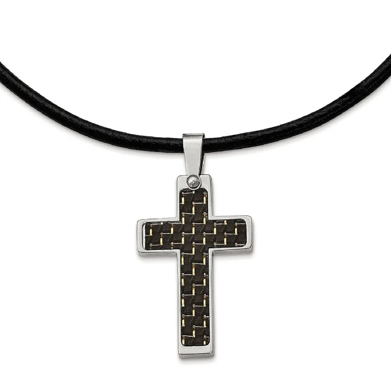 Ladies minimalist necklaces-Stainless Steel Black Carbon Fiber Inlay Cross 18in Leather Cord Necklace