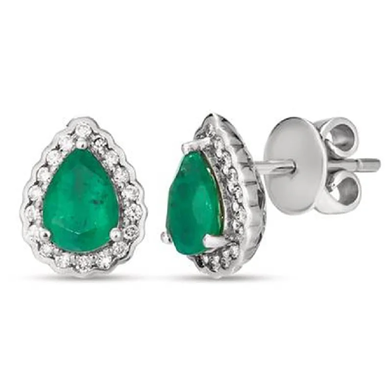 Ladies layered earrings-14K White Gold 1.21ctw Pear Emerald & Diamond Halo Stud Earrings by Le Vian