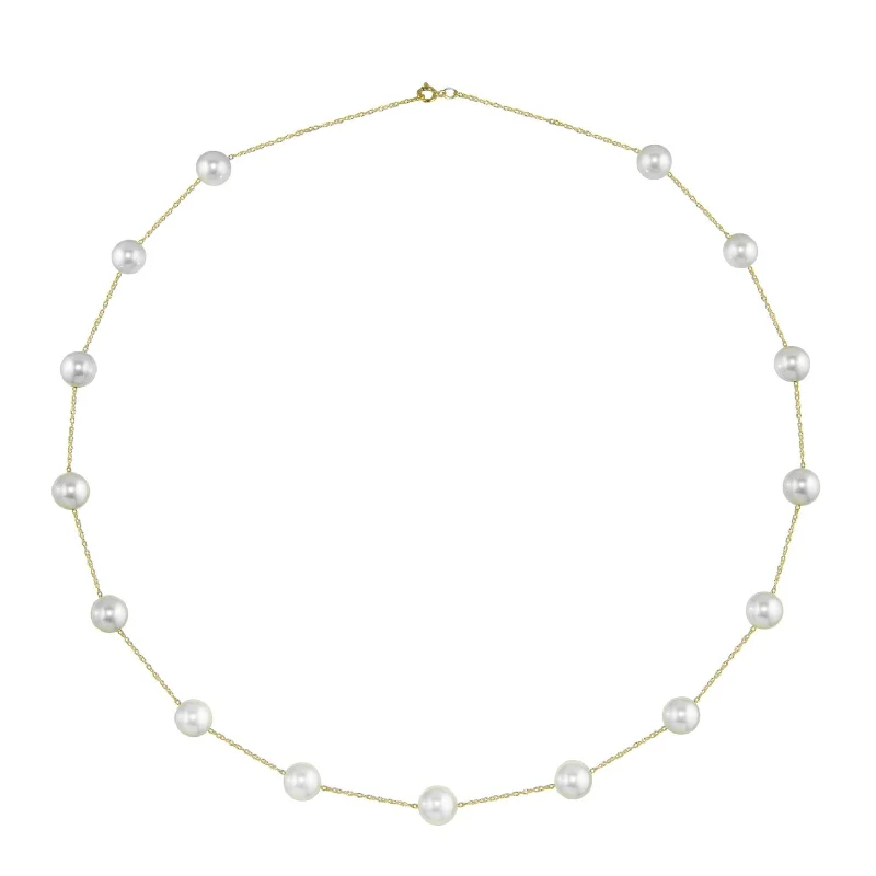 Ladies delicate necklaces-7X8MM Round Pearl 18-inch Necklace in 14KT Yellow Gold