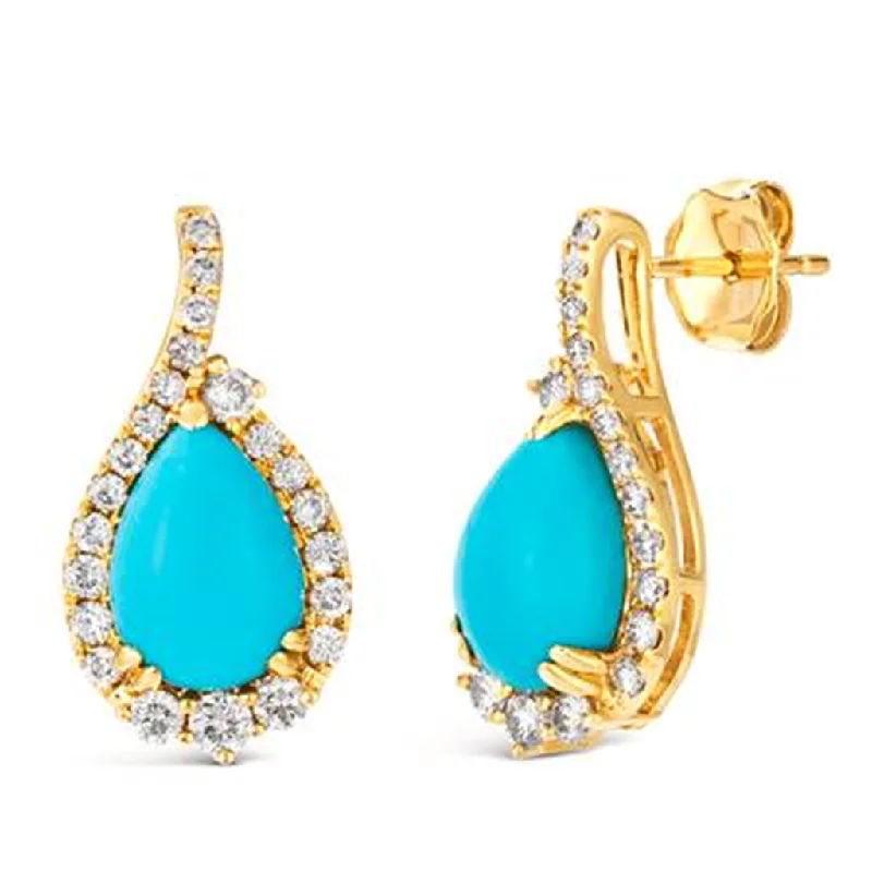 Ladies oversized earrings-14K Yellow Gold 3.97ctw Pear Turquoise & Nude Diamond Halo Drop Earrings by Le Vian