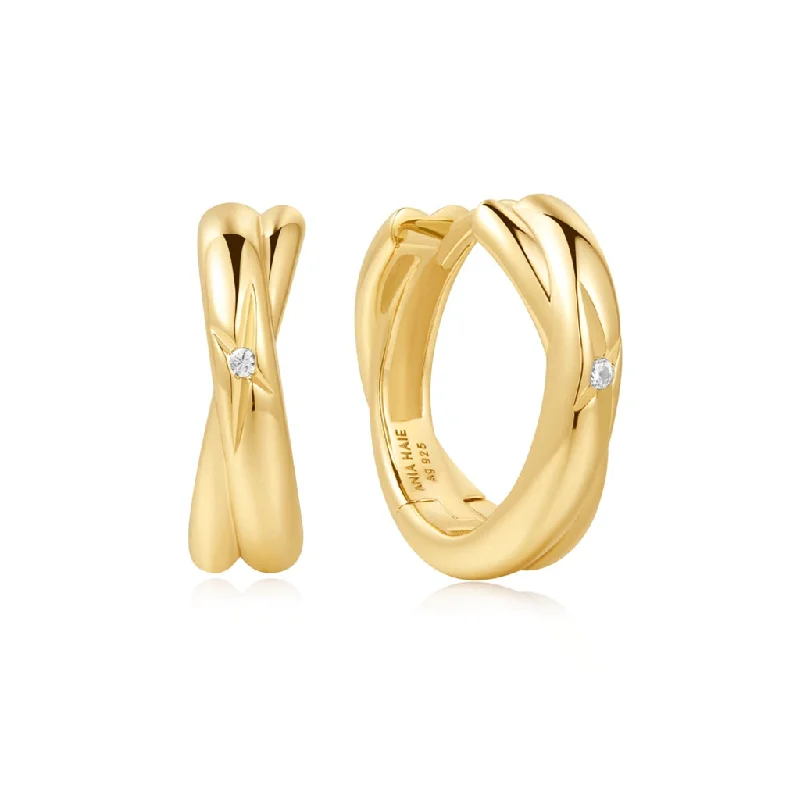 Ladies silver earrings-Gold Plated Crossover Huggie Hoop Earrings by Ania Haie