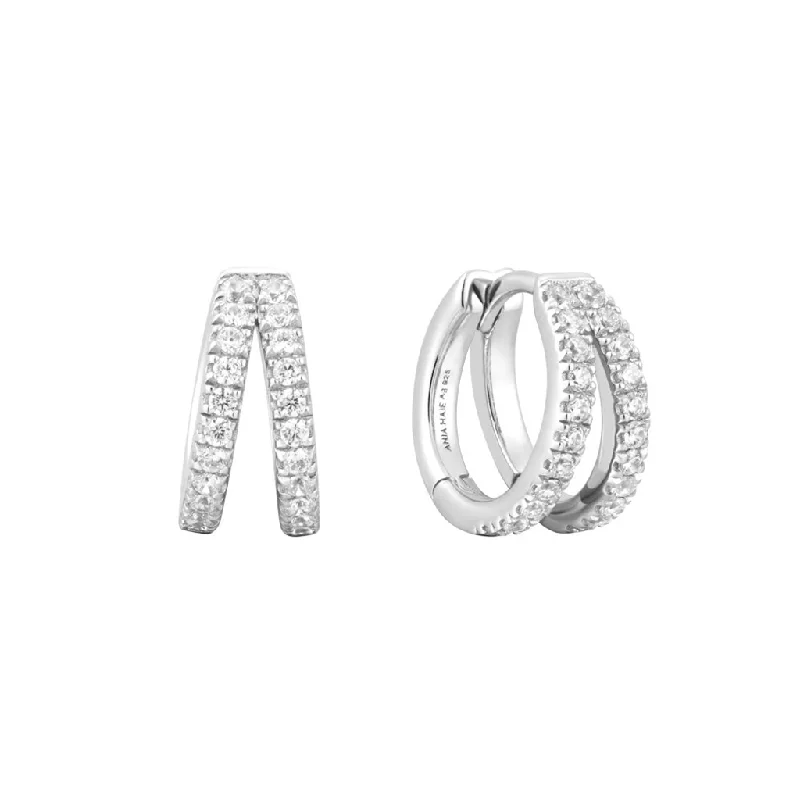 Ladies infinity earrings-Sterling Silver Cubic Zirconia Double Huggie Hoop Earrings by Ania Haie