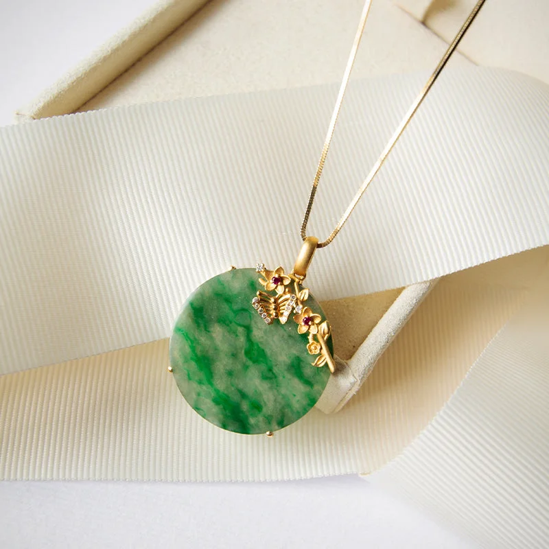 Ladies gold-plated necklaces-Garden Jade Pendant with Diamonds and Rubies