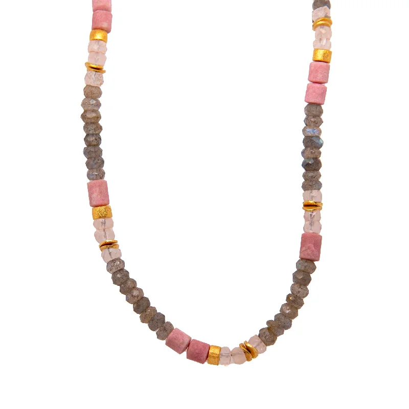 Ladies infinity necklaces-Labradorite, Rose Quartz and Tulite 5mm Necklace 24K Fair Trade Gold Vermeil