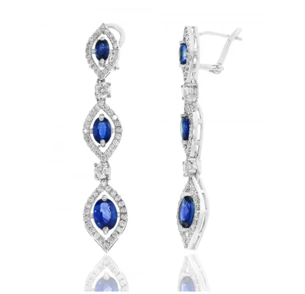 Ladies multi-colored earrings-Sapphire and Diamond Drop Earrings in 18k White Gold