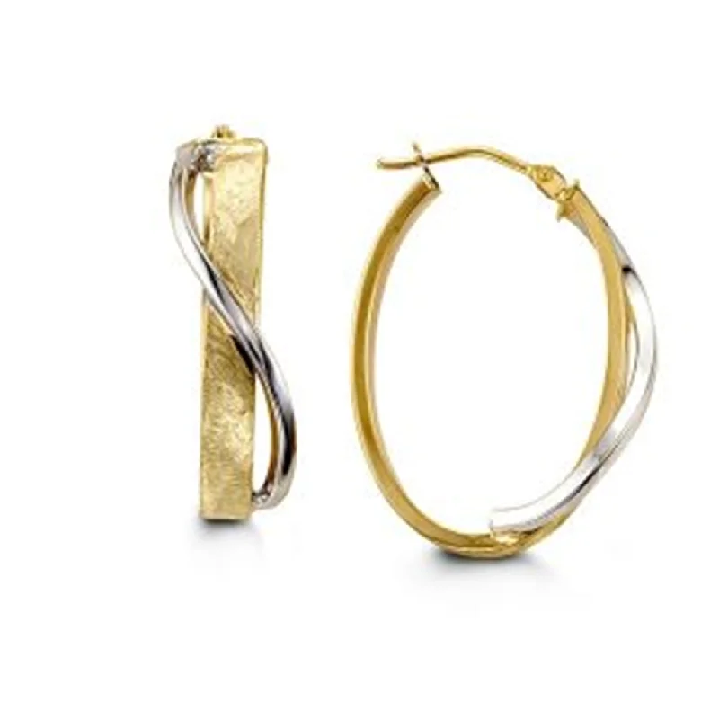 Ladies gemstone stud earrings-10K Two Tone Gold Wrap Oval Hoop Earrings