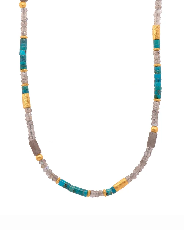 Ladies gold necklaces-Labradorite and Turquoise 3mm Necklace 24K Fair Trade Gold Vermeil