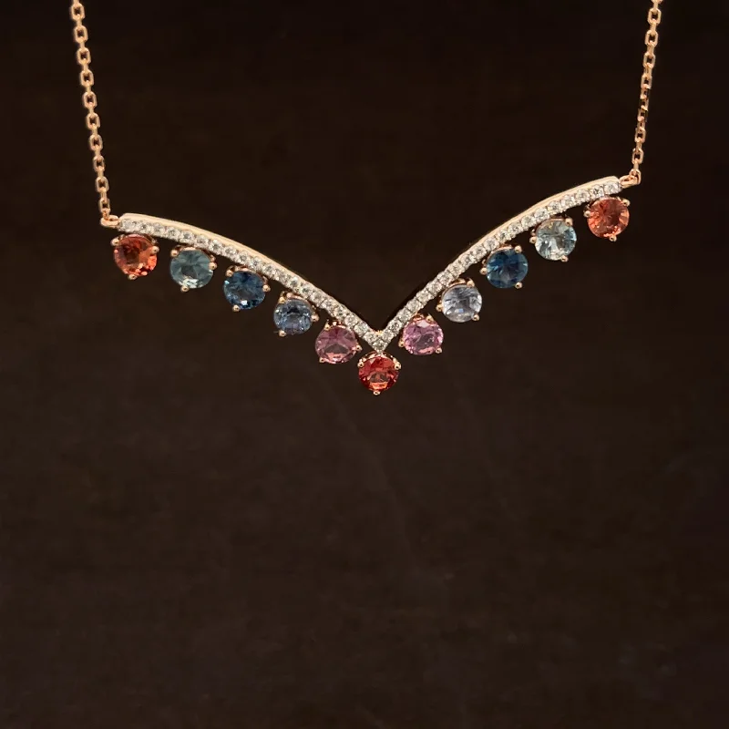 Ladies simple necklaces-Rainbow Sapphire Droplet & Diamond Chevron Necklace in 18k Rose Gold - #482 - NLSAX006373