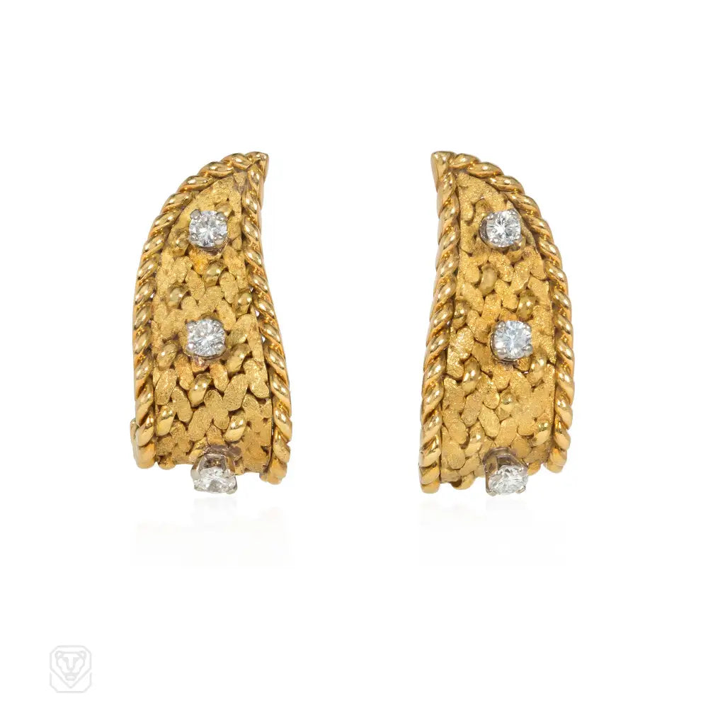 Ladies heart earrings-1960s Georges Lenfant gold and diamond flame earrings