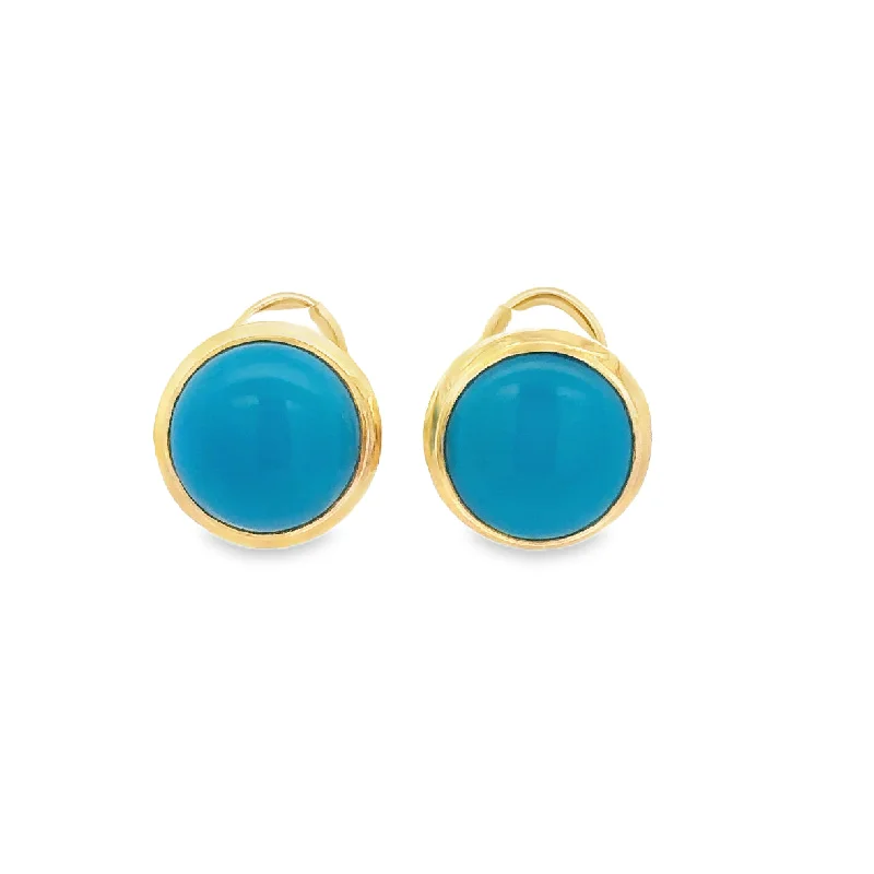 Ladies statement hoop earrings-Round Turquoise Earrings in Yellow Gold