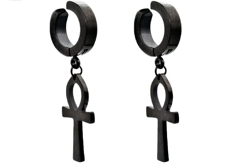 Ladies personalized earrings-Mens Black Stainless Steel Clip On Ankh Cross Earrings