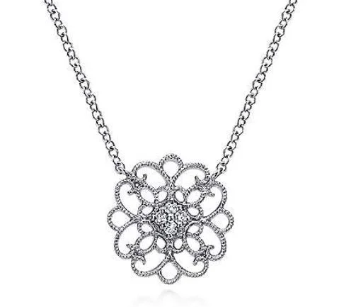 Ladies luxury necklaces-18" 925 Sterling Silver Round Fillilgree White Sapphire Pendant Necklace