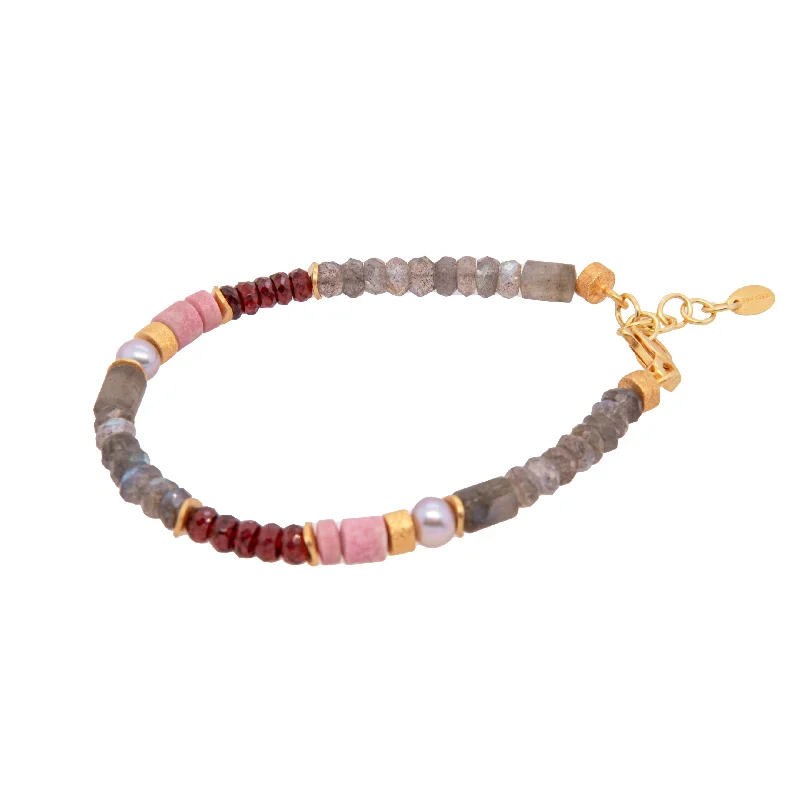 Ladies delicate necklaces-Labradorite, Garnet, Tulite and Grey Pearl 5mm Jewelry Set in 24K Fair Trade Gold Vermeil