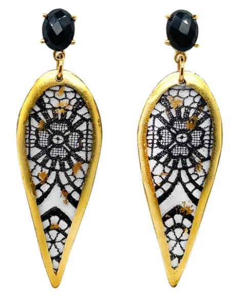 Ladies bridal earrings-22K Gold Leaf Black Onyx Black Lace Drop Earrings by Evocateur