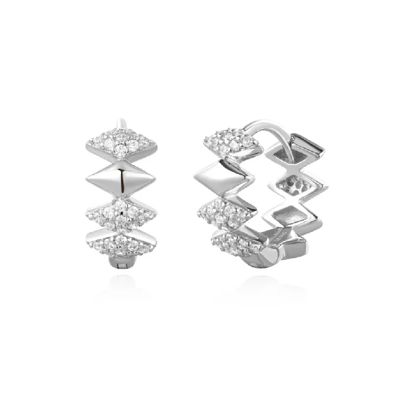 Ladies geometric earrings-Sterling Silver Cubic Zirconia Geometric Huggie Hoop Earrings by Ania Haie