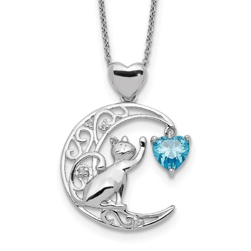 Ladies zodiac necklaces-Sterling Silver Cubic Zirconia Cat and Moon Necklace