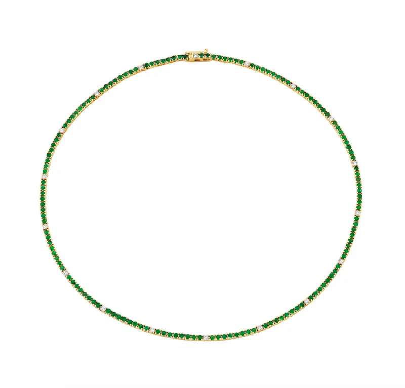 Ladies elegant necklaces-Emerald + Diamond Tennis Necklace