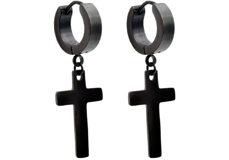 Ladies vintage gold earrings-Men's Black Stainless Steel Cross Earrings