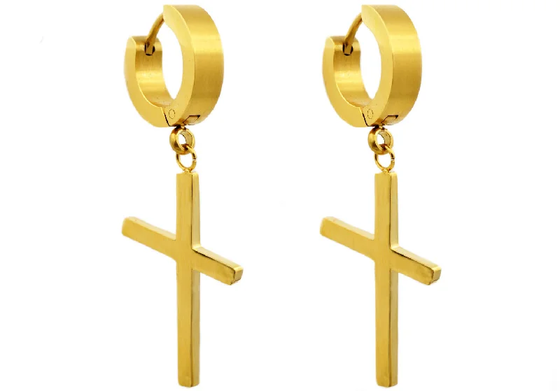 Ladies ruby earrings-Mens Gold Stainless Steel Cross Hoop Earrings