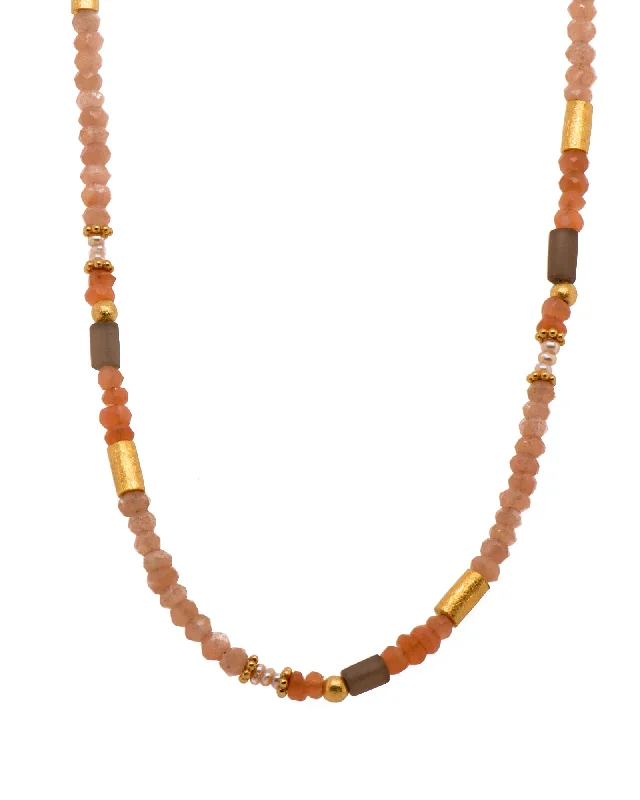 Ladies modern necklaces-Peach Moonstone, Smoky Quartz, and Natural Pearl 3mm Necklace 24K Fair Trade Gold Vermeil