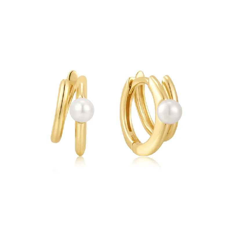 Ladies shell earrings-Gold Plated Pearl Double Huggie Hoop Earrings by Ania Haie