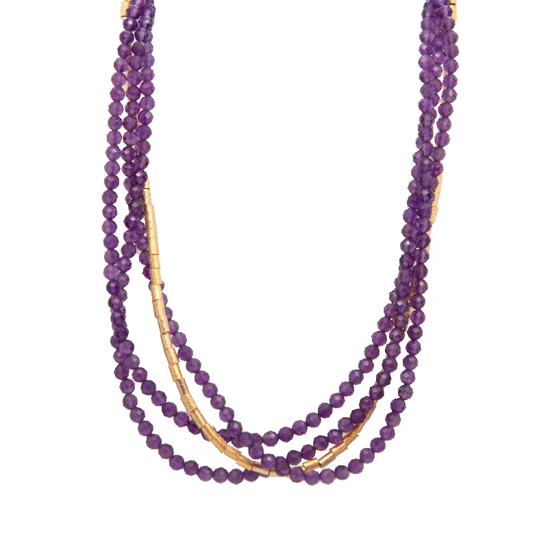 Ladies boho necklaces-Multi Strand Amethyst and Gold Tube Necklace 24K Fair Trade Gold Vermeil