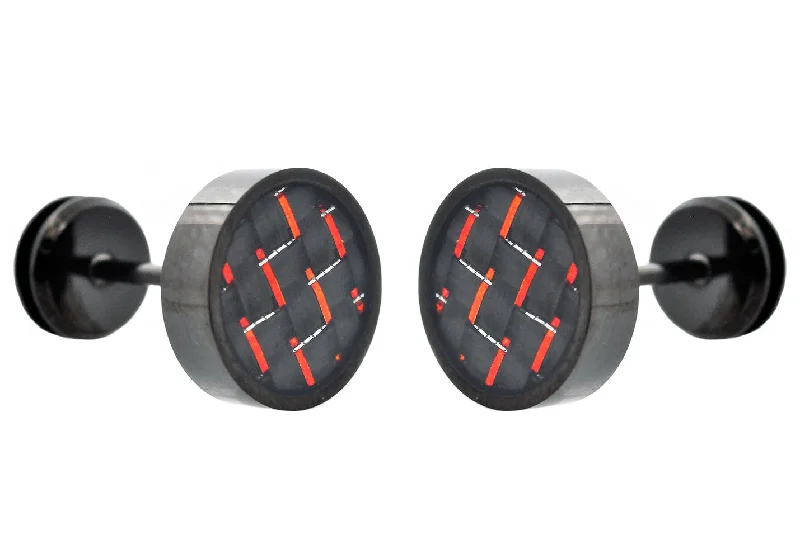 Ladies simple stud earrings-Mens 9mm Black Plated Stainless Steel Earrings With Red Carbon Fiber