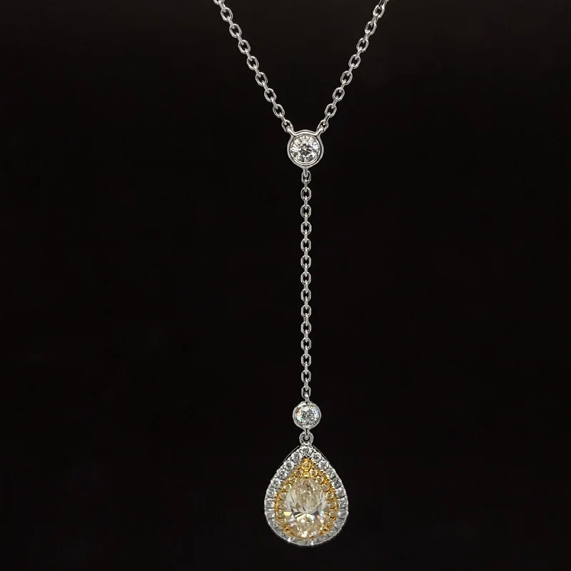 Ladies gemstone necklaces-Yellow & White Diamond Pear Drop Halo Y-Necklace in 18 Two-Tone Gold - #578 - NLDIA068716