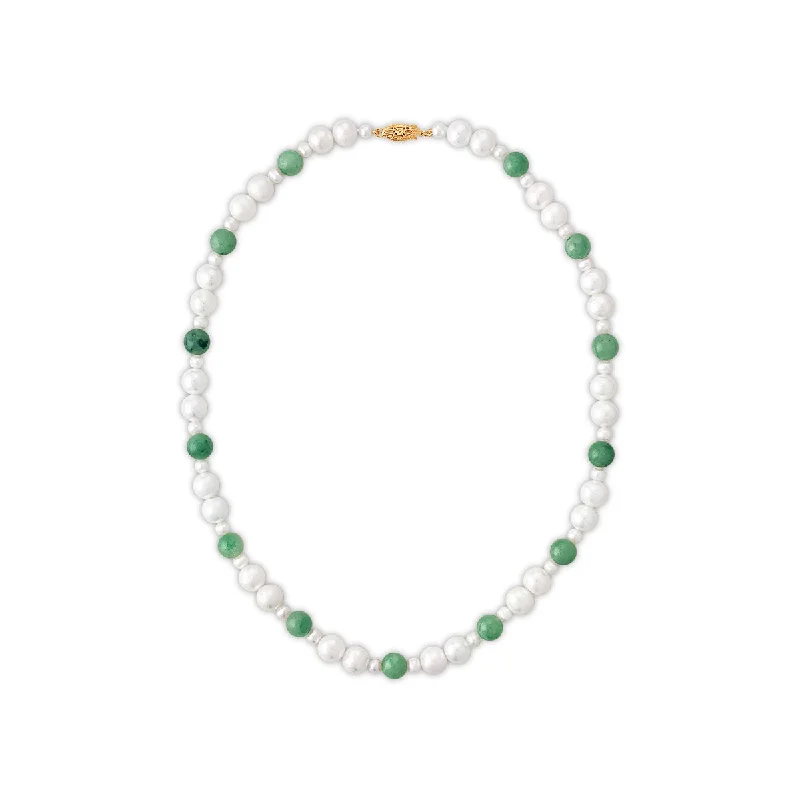 Ladies elegant necklaces-8MM Round Jade and Fresh Water Pearl 18-inch Necklace in 14KT Yellow Gold