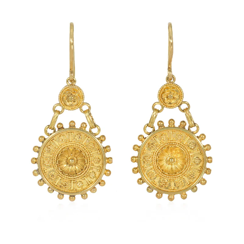 Ladies pearl drop earrings-Antique etruscan style gold disc pendant earrings, in 18k.