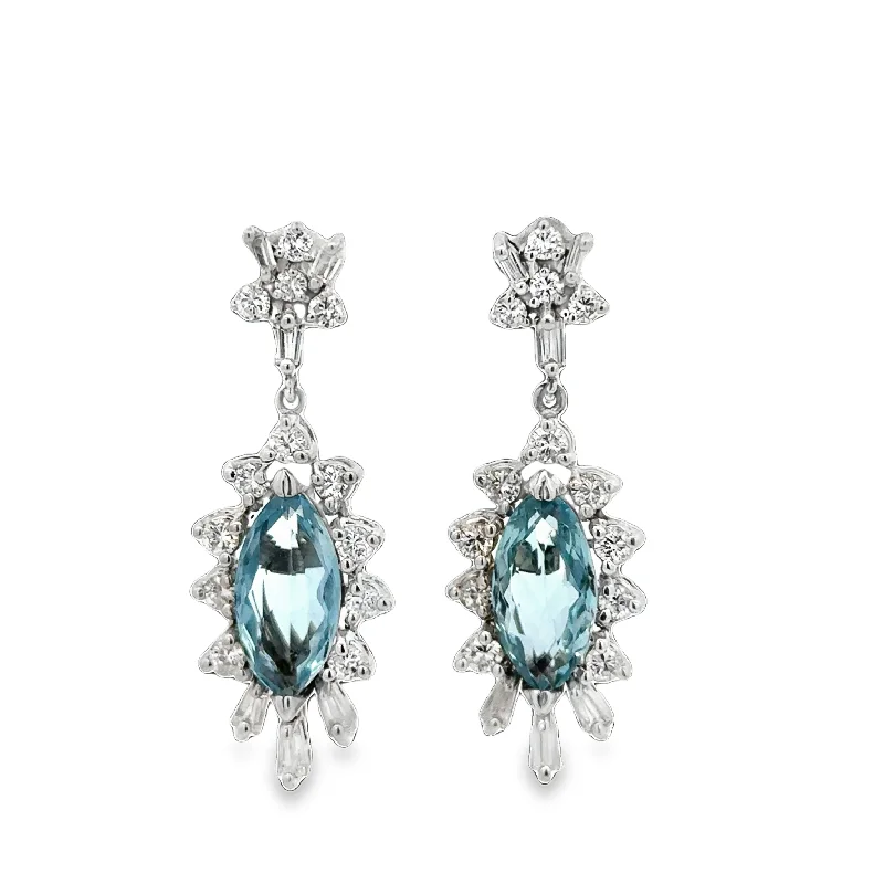 Ladies textured earrings-Stunning Aquamarine and Diamond Drop Earrings in 18k White Gold