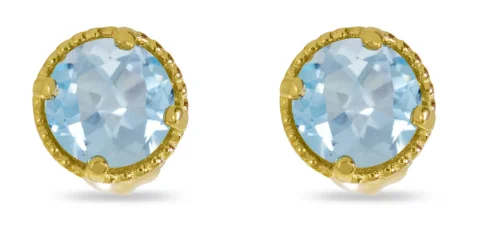 Ladies clip-on diamond earrings-14K Yellow Gold 4mm Round Aquamarine Milgrain Stud Earrings