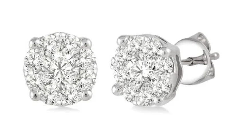 Ladies bridal earrings-14K White Gold 1.00ctw Diamond Cluster Stud Earrings