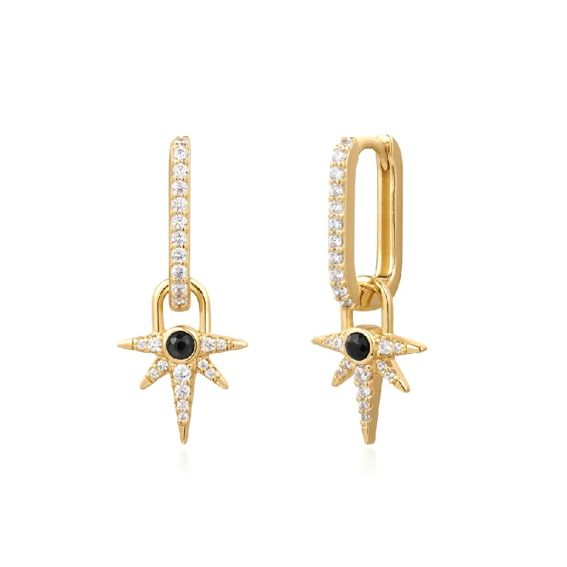 Ladies gold earrings-Gold Plated Black Agate Star Drop Earrings by Ania Haie