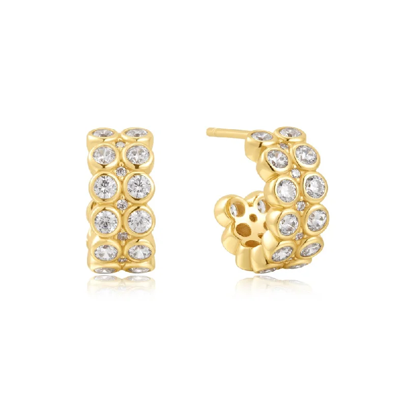 Ladies pearl earrings-Gold Plated Cubic Zirconia Double Row Huggie Hoop Earrings by Ania Haie