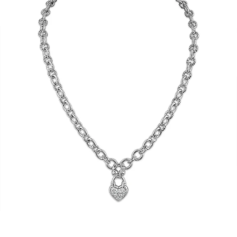 Ladies choker necklaces-1/7 CTW Diamond Heart Cuban Link 18-inch Necklace in Rhodium Plated Sterling Silver