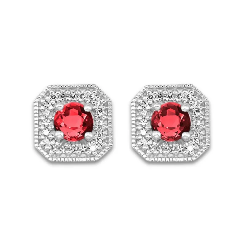 Ladies silver stud earrings-10K White Gold 0.66ctw Garnet Diamond & Halo Stud Earrings