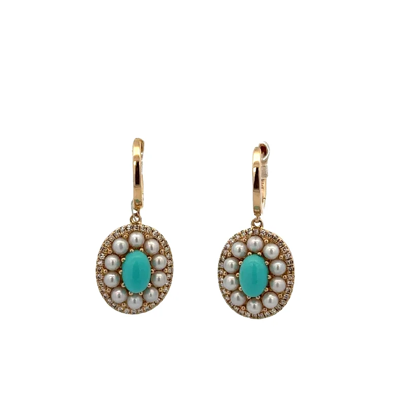 Ladies silver earrings-Turquoise, Pearl, and Diamond Earrings in Yellow Gold