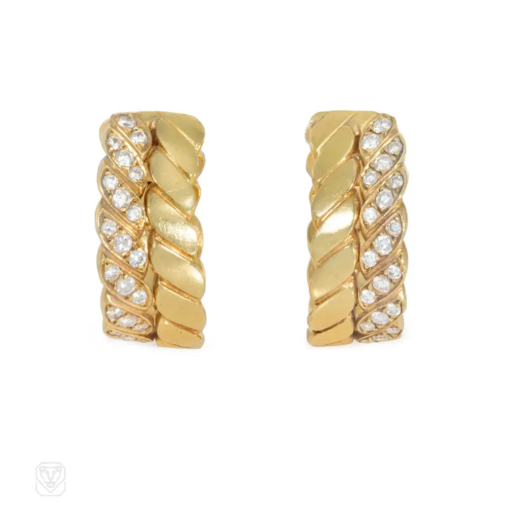 Ladies unique earrings-M. Gerard French gold and diamond hoop earrings