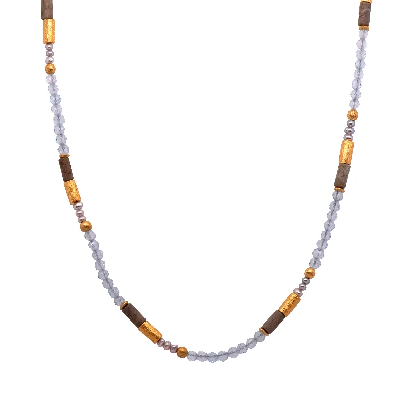 Ladies geometric pendant necklaces-Jasper, Blue Topaz and Grey Pearls 3mm Necklace 24K Fair Trade Gold Vermeil